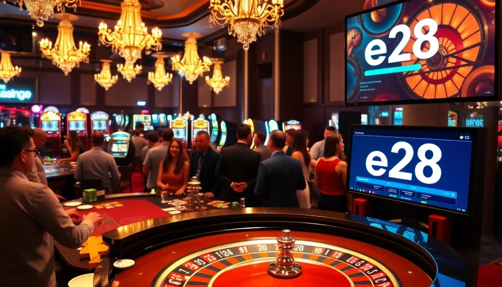 Players enjoy a thrilling night at a casino with vibrant colors while exploring e28 gaming options at roulette tables.