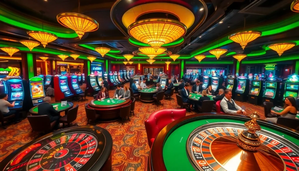 The exhilarating atmosphere of a casino filled with action, showcasing e28-themed poker games and slot machines.