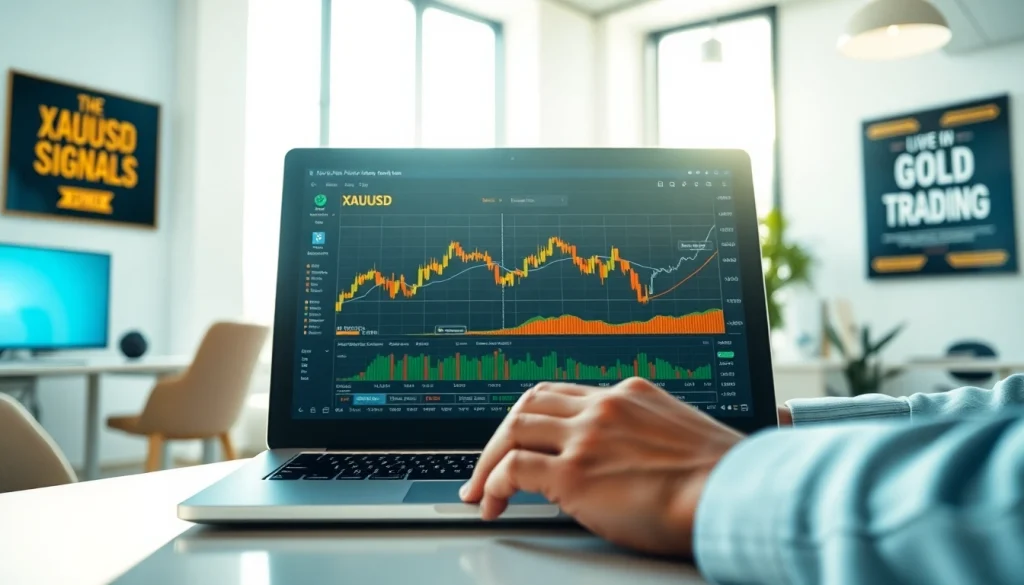 Trading strategies for XAUUSD SIGNALS displayed on a professional forex trader's laptop.